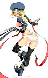 artist_request ass beret blazblue blonde_hair blush boots breasts breathing bukkake butt_crack cum cum_on_ass cum_on_body cum_on_chest cum_on_lower_body detached_sleeves dual_wield dual_wielding embarrassed facial girigiri green_eyes highres necktie no_bra noel_vermillion panties ribbon thighhighs tie underwear