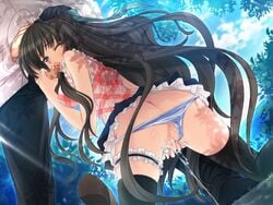 black_hair censored fellatio fusataka_shikibu game_cg hair kotowari masturbation oral panties penis pussy pussy_juice striped striped_panties thighhighs underwear yuigahama_yuki