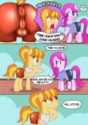 2futas agentredgirl ass_in_clothes balls_under_clothes butterball cum cum_drip futanari implied_precum milkshake my_little_pony precum pussy_in_clothes shouting surprised thinking