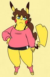 anthro_pokemon big_breasts breasts cleavage fan_character female nerdyreindeer nintendo not_porn pikachu pokemon pokemon_(species) sfw thick_thighs wide_hips