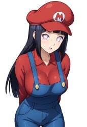 ai_generated arms_behind_back big_breasts black_hair cap civitai cosplay hat headware hyuuga_hinata hyuuga_hinata large_boobs large_breasts mario_(series) naruto naruto_(series) naruto_shippuden no_pupils purple_eyes red_hat