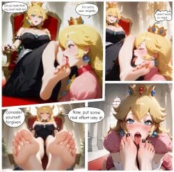 2girls ai_generated barefoot black_nail_polish black_toenails bowsette clothed comic dominant dress feet femdom femsub foot_fetish foot_focus foot_worship heart-shaped_pupils kneeling licking licking_foot looking_at_viewer mario_(series) nintendo pokipie princess_peach smiling speech_bubble submissive text toes tongue tongue_out yuri