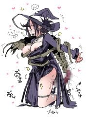 absurdres arms_behind_back black_dress black_hair blush breasts bug censored cleavage cleavage_cutout closed_eyes closed_mouth clothing_cutout dress female flower forced girls'_frontline grabbing_another's_breast groping hat heart highres intruder_(girls'_frontline) intruder_(sorceress_of_the_end)_(girls'_frontline) kneeling large_hat long_sleeves medium_breasts moaning official_alternate_costume penetration_through_clothes rape sangvis_ferri sex sex_from_behind short_hair simple_background speech_bubble sugac thigh_strap witch witch_hat zoophilia