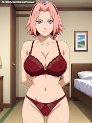 aindroidparanoid arms_behind_back ass ass bed bedroom big_ass big_breasts bra breasts busty cameltoe curvy fat_ass female female_only flirting green_eyes hips huge_ass huge_breasts indoors large_ass large_breasts lingerie naruto naruto_(classic) naruto_(series) naruto_shippuden ninja nipples panties pink_hair pussy sakura_haruno seductive sensual short_hair spiky_hair stable_diffusion voluptuous wide_hips