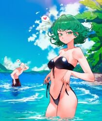 1boy 1girls arm_behind_head arm_up bald bare_arms bare_shoulders bikini black_bikini blue_sky breasts cesar_art456 cloud commentary cowboy_shot day english_commentary female flipped_hair green_eyes green_hair heart highleg highleg_bikini highres legs_together looking_at_viewer male_swimwear medium_breasts mountainous_horizon ocean one-punch_man outdoors palm_leaf parted_lips red_swim_trunks saitama shiny_clothes short_hair side-tie_bikini_bottom sky solo_focus speech_bubble spoken_heart standing strapless strapless_bikini swim_trunks swimsuit tatsumaki teeth uneven_eyes wading water