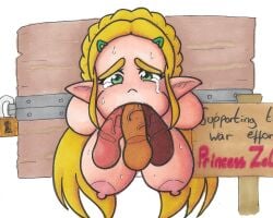 brownpidgeon large_breasts princess_zelda restrained tears triple_fellatio zelda_(breath_of_the_wild)