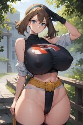 1girls ai_generated alternate_breast_size big_breasts blue_eyes breasts brown_hair cameltoe female female_focus female_only game_freak huge_breasts large_breasts light-skinned_female light_skin may_(pokemon) may_(pokemon_oras) nintendo pai-roid panties pokemon short_hair solo solo_female solo_focus team_rocket thick_thighs underboob