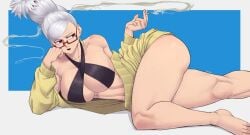 1girls absurdres ass ayase_seiko cardigan cigarette criss-cross_halter dandadan earrings female glasses grey_hair halterneck highres hoop_earrings jewelry limn044 mature_female round_eyewear semi-rimless_eyewear smoking solo tall_hair thick_thighs thighs yellow_cardigan