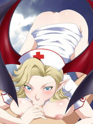 1girls :>= areola ass blonde_hair blue_eyes blush bottomless breasts breasts_out busty censored cum demon demon_girl demon_wings fellatio female hat huge_ass human looking_at_viewer megami_tensei nipples no_panties nurse nurse_cap oral pale_skin puffy_nipples shin_megami_tensei succubus succubus_(megami_tensei) succubus_(shin_megami_tensei) uk-violet voluptuous