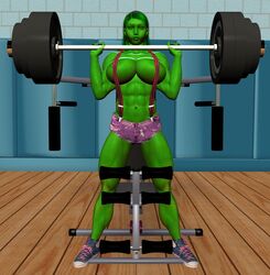 1girls 3d 3d_(artwork) abs areolae big_breasts chup@cabra exercise female female_only green_hair green_skin huge_breasts hulk_(series) marvel marvel_comics muscles muscular muscular_female no_bra she-hulk shoes short_shorts shorts solo suspenders thick_thighs weightlifting weights workout