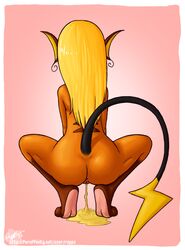 ass blonde_hair crouching eluna female hair long_hair markings nude peeing plain_background pokemon pokemon_(species) pokemorph pussy raichu rapps solo tail urine