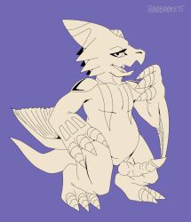 anthro b00b00keys bandai_namco bedroom_eyes belly claws digimon digimon_(species) erection finger_claws genitals hi_res looking_at_viewer male monodramon muscular narrowed_eyes open_mouth penis scalie seductive simple_background solo standing tail teeth toe_claws tongue wings