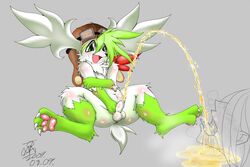 1boy anus ass balls blush camiod green_eyes male male_only open_mouth peeing penis pokemon pokemon_(species) shaymin solo tail urine