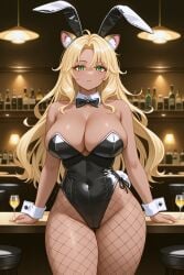 afalyca ai_generated bar big_breasts big_thighs black_leotard blonde_hair blonde_hair bottle bottles bottles_background bow bunny_ears bunny_girl bunnysuit genshin_impact green_eyes indoors leopard leopard_ears leopard_girl leopard_tail leotard long_hair looking_at_viewer playboy_bunny standing tensor.art tensor_art thick_thighs xilonen_(genshin_impact)