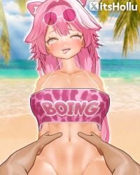 ahe_gao ahegao_face beach beach_background big_breasts drooling hands_on_hips hololive hololive_english itshollu pov_male raora_panthera swimsuit tagme tears video vtuber