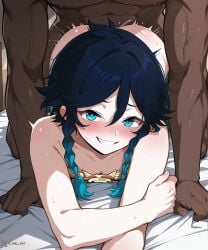 ai_generated anal anal_sex blue_eyes blush dark-skinned_male dark_skin genshin_impact gripping gripping_sheets interracial interracial_sex looking_at_viewer multicolored_hair prone prone_bone smirk smirking smirking_at_viewer thrusting_into_ass venti_(genshin_impact) watermark xland