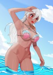 1girls alluring alternate_costume arm_up ass_visible_through_thighs bare_midriff bare_thighs big_breasts bikini blush cleavage corrin_(fire_emblem) corrin_(fire_emblem)_(female) corrin_(summer)_(fire_emblem)_(female) dark-skinned_female dark_skin female_only fire_emblem fire_emblem_cipher fire_emblem_fates fire_emblem_warriors grey_hair hair_between_eyes intelligent_systems long_hair looking_at_viewer midriff naked_from_the_waist_down nintendo ocean official_alternate_costume open_mouth outside pointy_ears pussy red_eyes shell_bikini sideboob soru439 tan tan_line tan_skin thighs under_boob