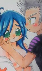 1boy 1girls bakugan bakugan_gundalian_invaders blue_hair fabia_sheen green_eyes lowres ren_krawler straight white_hair yellow_eyes