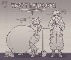 admiring annoyed_expression aroused ass belly_fetish blush drunk fat_ass flirting halloween hyper hyper_belly liam_(suddencube) molly_(suddencube) prey_outline secretly_loves_it struggling_prey suddencube_(artist) vore vore_belly