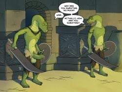 2boys absurd_res animal_humanoid anthro archway balls birbdrain bodily_fluids bottomwear bracelet clothed clothing digital_drawing_(artwork) digital_media_(artwork) dripping duo english_dialogue english_text foreskin genital_fluids genitals green_body green_scales guard hi_res holding_melee_weapon holding_object holding_shield holding_sword holding_weapon humanoid jewelry leaking_precum looking_at_another male manserpent melee_weapon necklace open_bottomwear open_clothing open_pants orange_eyes pants penis precum precum_drip reptile reptile_humanoid scales scalie scalie_humanoid shield snake snake_humanoid speech_bubble spots standing stone_wall sweat sword vase wall_(structure) weapon