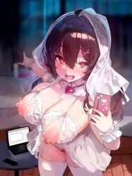 bow bra breasts bridal_lingerie bridal_veil brown_hair cellphone choker commentary_request computer cupless_bra female garter_belt hair_ornament hairclip highres lace lace_bra laptop large_breasts lingerie looking_at_viewer nipple_piercing nipples open_mouth original phone piercing pink_eyes pointing pubic_hair pussy_juice shiokonbu smartphone sweat thighhighs underwear veil white_bra white_thighhighs wrist_cuffs