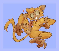anthro balls blonde_hair blue_background blue_border border brown_body brown_skin erection fur genitals grin hair hand_feet haplorhine hi_res humanoid_genitalia humanoid_penis male mammal nude penis presenting presenting_balls presenting_penis primate simple_background smile solo tarsier wide_eyed xing1 yellow_body yellow_fur