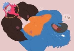 absurd_res avian beak bear_hug bird bluebird bodily_fluids bone_breaking breast_play breasts caesar_(demiandraws) demitiger1 eastern_bluebird galliform hi_res male male/male male_only muscular muscular_male neptune_mereaux oscine pain passerine pecjob pecs phasianid questionable_consent sex sweat thrush_(bird) titjob turkey