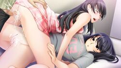 big_sister breasts brother_and_sister censored cum ejaculation female highres human incest large_breasts little_brother male nipples older_female older_sister penis purple_hair short_hair sister_scheme_2 straight sweat threesome yanagawa_amane yanagawa_shiori younger_brother younger_male