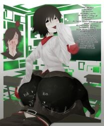 1boy 1other ahoge araragi_koyomi ass ass_bigger_than_head ass_size_talk assjob back_view background big_ass black_eyes black_hair black_pantyhose blood_shot_eyes blush buttjob dialogue dirty_talk empty_eyes fat_ass gakuran grinding_on_penis heart huge_ass juliet_sleeves kyokeer long_sleeves monogatari_(series) nosebleed oh_these?_(meme) oshino_ougi pantyhose rubbing school_uniform short_hair shortstack size_talk skirt small_skirt smug swirl text thick_ass voluptuous wobbling_ass