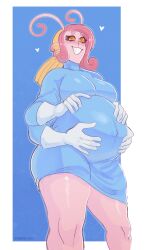 alien_girl belly celeste_(kyoriichi) dress female female_only four_arms holding_belly humanoid kyoriichi maternity_clothes maternity_dress multiple_arms pink_hair pink_skin pregnant pregnant_female smiling_at_viewer solo