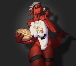 abstract_background batter big_breasts bowl breasts digimon eating facial_markings female genderswap guilmon headband markings midriff miemon navel nipples pussy solo spoon standing stripes taboolicious tongue tongue_out