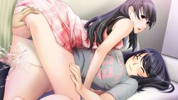 big_sister breasts brother_and_sister censored cum ejaculation female highres human incest large_breasts little_brother male nipples older_female older_sister penis purple_hair short_hair sister_scheme_2 straight sweat threesome yanagawa_amane yanagawa_shiori younger_brother younger_male