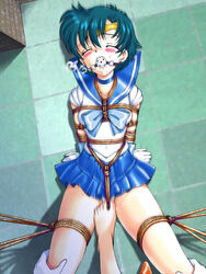 ami_mizuno ball_gag bishoujo_senshi_sailor_moon blush bondage breast_bondage breath closed_eyes clothing crotch_rope feet female footjob gag gloves human matanawa nonude panties pussy_juice rope sailor_mercury saliva short_hair skirt spark_utamaro sweat toes underwear