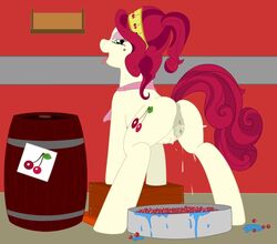 anatomically_correct animal_genitalia anus ass barrel beauty_mark cherry cherry_jubilee_(mlp) crate crotchboobs cutie_mark equine fatalfox female feral friendship_is_magic green_eyes hair horse my_little_pony nipples non-human_areolae open_mouth pony presenting presenting_hindquarters pussy pussy_juice red_hair small_crotchboobs solo spreading tongue tongue_out