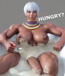 1futa 3d abs blue_eyes cum cum_bath cum_pool dark_skin dickgirl elena_(street_fighter) english_text excessive_cum foreskin futanari hdregrets huge_cock large_breasts leaking_cum short_hair street_fighter talking_to_viewer text uncircumcised uncut