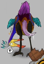 animal_genitalia animal_penis avian beak bird bodily_fluids candy chocolate chocolate_bar cum dessert disney feathers feet feral feral_only food furaffinity furaffinity_logo genital_fluids genitals hi_res kevin_(up) long_legs male multicolored_body multicolored_feathers penis pink_penis pixar presenting simple_background small_wings solo tail tail_feathers talons tapering_penis toes up_(film) wings wyrmling_(artist) yellow_beak