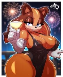 absurd_res animal_ears anthro areola areola_slip badger beverage biped black_clothing blue_eyes breasts brown_body clothed clothing dress eyelashes female fireworks glistening glistening_body hi_res holding_beverage holding_object holidays looking_at_viewer mammal mustelid musteline new_year nipple_outline pupils renegade-157 sega smile solo sonic_(series) sonic_boom sonic_the_hedgehog_(series) sticks_the_badger thick_thighs wide_hips