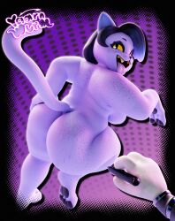 3d 3d_(artwork) anthro artist_logo big_ass big_breasts black_border cat catty_(undertale) catty_cattenheimer feet female focus furry gradient_background hand_on_hip holding_marker holding_object mettaton naked on_one_leg paws pov purple_background purple_body purple_fur sideboob simple_background undertale undertale_(series) yaarnwurm