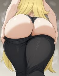 1girls 2026 absurdres ass ass_focus backboob black_panties blonde_hair breasts clothes_pull commentary_request curvy cynthia_(pokemon) female from_behind highres huge_ass long_hair lower_body panties pants pants_pull pokemon pokemon_dppt ryuseiart solo underwear very_long_hair wide_hips