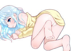 barefoot blue_eyes blue_hair blush denpa_onna_to_seishun_otoko feet female no_panties noise_(artist) pussy smile soles touwa_erio uncensored