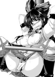 black_hair blush bondage breasts censored cleave_gag clothing collar fixed_vibrator gag gagged large_breasts monochrome narumizg nipples panties saliva spread_legs spreader_bar tear torn_clothes touhou underwear utsuho_reiuji vibrator vibrator_bulge vibrator_under_panties