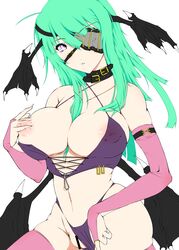 1girls aqua_hair bare_shoulders bat_wings belt between_breasts breast_slip breasts bridal_gauntlets capcom censored choker cleavage clothing darkstalkers elbow_gloves erect_nipples eye_patch female fingerless_gloves gloves hair_between_breasts head_wings highres large_breasts long_hair medium_breasts morrigan_aensland navel nipple_tweak nipples one_breast_out panties panties_aside puffy_nipples purple_eyes see-through shiriya solo stockings succubus thighhighs underwear white_background wings