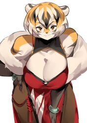 1girls amber_eyes anthro arknights aspirindabaitu big_breasts breasts female furry glasses looking_at_viewer mx99926 simple_background smile solo solo_female tagme tiger tiger_girl waai_fu_(arknights) white_background