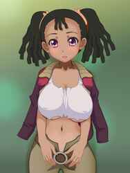 1girls ayukawa_miyuki basquash! blush breasts brown_hair dark_skin dreadlocks female flying_tree_frog highres no_bra pointy_chin solo