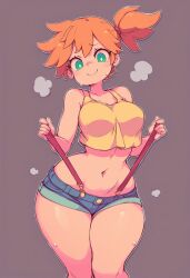 ai_generated alternate_breast_size bare_arms bare_shoulders blue_shorts blush breasts bright_pupils brown_background closed_mouth clothing collarbone cowboy_shot crop_top curvy denim denim_shorts female green_eyes grey_background groin hair_tie hands_up happy hip_focus kasumi_(pokemon) knees_together_feet_apart large_breasts legs_together looking_at_viewer medium_breasts micro_shorts midriff narrow_waist navel nervous_smile orange_hair pokemon pokemon_(anime) pokemon_(classic_anime) pokemon_rgby ponytail shirt short_hair short_shorts shorts side_ponytail simple_background sleeveless sleeveless_shirt smile solo standing steam stomach strap_pull suspender_shorts suspenders sweat tank_top thick_thighs thighs white_outline white_pupils wide_hips yellow_shirt yellow_tank_top