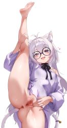 absurdres animal_ear_fluff animal_ears antenna_hair anus barefoot bell black_choker bloom blush bottomless breasts cat_ears cat_girl cat_tail choker commentary_request eyebrows_hidden_by_hair female glasses hair_between_eyes has_bad_revision has_censored_revision highres hinanawi_mika jingle_bell long_hair looking_at_viewer open_mouth original purple_eyes purple_shirt pussy pussy_juice round_eyewear shirt simple_background small_breasts smile soles solo split standing standing_on_one_leg standing_split tail tail_bell tail_ornament toes uncensored white_background