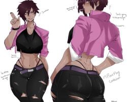 1girls alqkemy777 ass big_ass big_breasts big_thighs breasts brown_eyes cigarette clothed clothing crop_top dark_hair dat_ass dialogue dispatch_(game) fangs female female_focus female_only heroine invisigal jacket looking_at_viewer nose_piercing peace_sign pierced_ears piercing piercings short_hair sign smoke smoking superheroine text thick_thighs thighs thong
