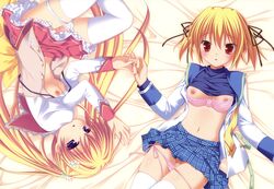 2girls blonde_hair blue_eyes bra breasts clover_point konohana_matsuri marguerite_sphere multiple_girls open_clothes open_shirt panties panty_pull pointy_chin red_eyes seifuku shirt shirt_lift takanashi_yaya thighhighs underwear yuyi