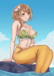 1girls alluring alternate_costume bandeau bare_shoulders big_breasts bikini bikini_top_only braid brown_eyes brown_hair cleavage closed_mouth fire_emblem fire_emblem_engage goldmary_(fire_emblem) green_bandeau green_bikini hair_ribbon high_res intelligent_systems long_hair looking_at_viewer mermaid navel nintendo ribbon rock sitting smile stomach swimsuit symoca tail water white_ribbon yellow_eyes yellow_tail