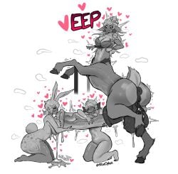 1futa 2girls anus ass aurora_(league_of_legends) barefoot big_ass boobjob breast bunny_ears bunny_girl bunny_tail centaur centaur_futa cum deer_taur feet fellatio futa_on_female futanari futataur greyscale gwen_(league_of_legends) hearts_around_body hearts_around_head hearts_around_penis hearts_around_text horsecock horsecock_futa horsecock_futanari huge_cock hyper_penis league_of_legends lillia_(league_of_legends) monster_girl mostly_greyscale mostly_monochrome spot_color steozopher